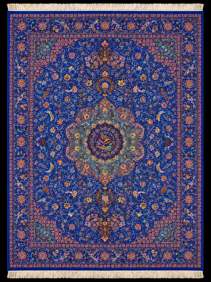 Cobalt Imperial Garden Medallion handmade Qom pure silk carpet featuring a richly layered central medallion floating across a luminous cobalt floral field