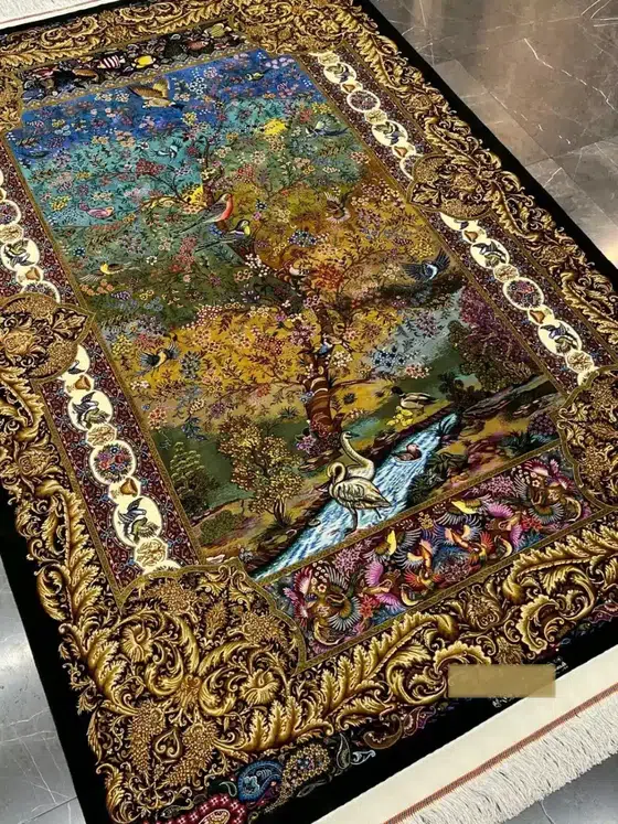 Golden Paradise of Birds handmade Qom pure silk carpet featuring a painterly paradise garden alive with birds, blossoms, water and a sculptural golden border