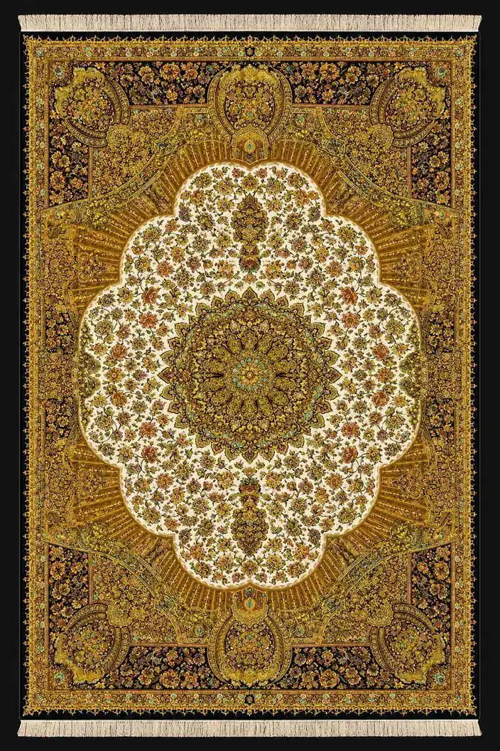 Ivory Golden Dome Medallion handmade Qom pure silk carpet featuring a luminous circular medallion framed by architectural golden panels and dense floral arabesques