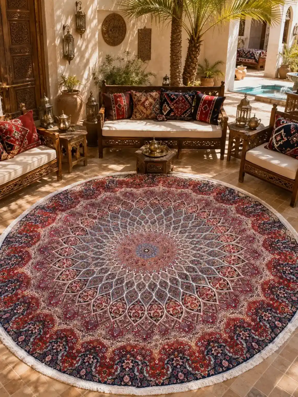 سجادة فارسية يدوية من تبريز دائرية — شمسية ملكية